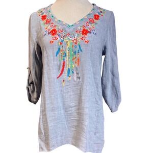 Adore Tunic Top Womens Medium Embroidered Boho Floral Blue Roll Tab Sleeve